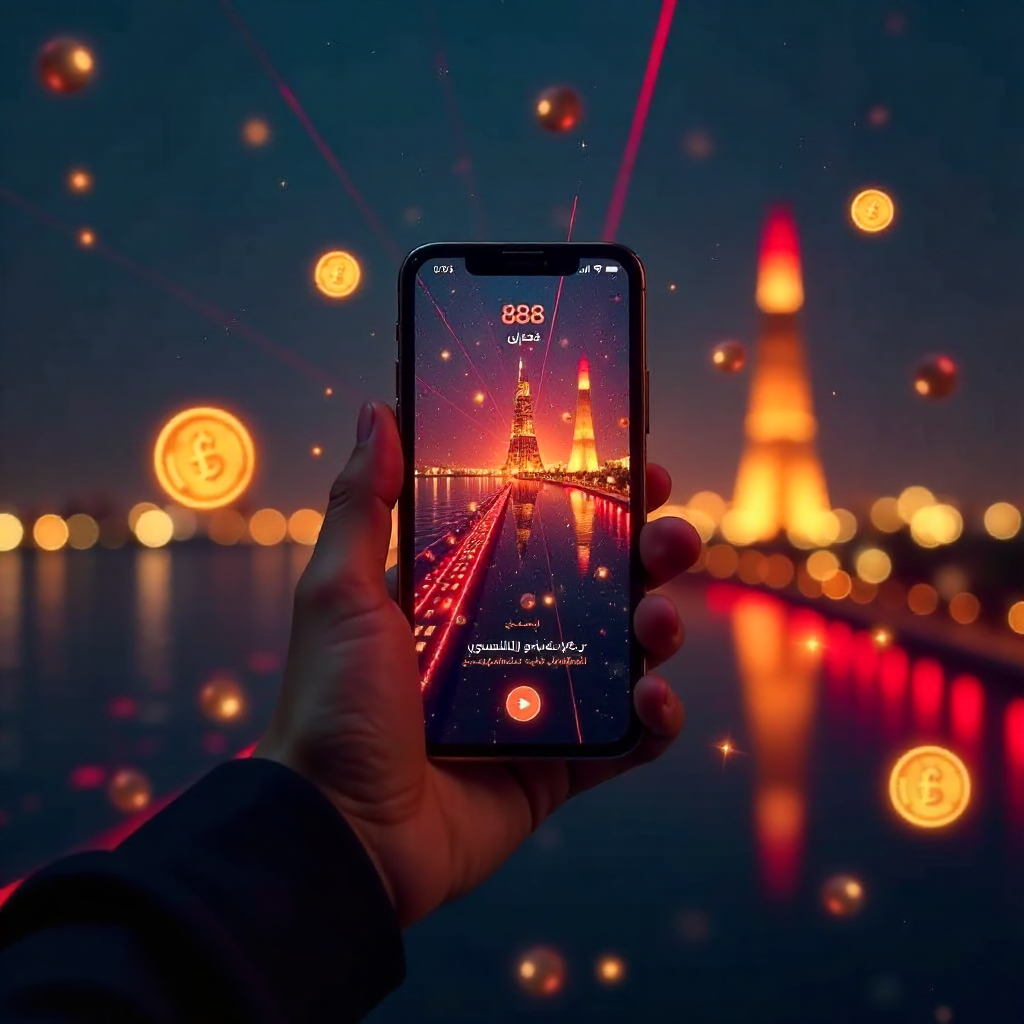 Futuristic hand holding a glass-transparent smartphone displaying 888starz official Arabic app, background is the Cairo Tower and Nile River at night with vibrant red laser beams and golden bokeh, 3D holographic gold EGP coins and soccer balls floating, n